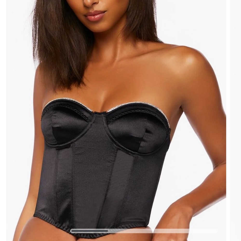 Forever 21 Black Satin Corset Top W/ Rhinestones